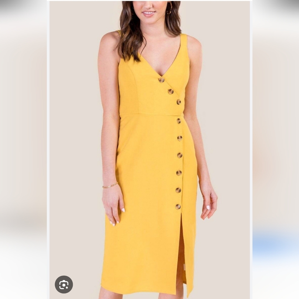 URBAN Romantics Mustard Button-Front Midi Linen Dress Size Large NWT